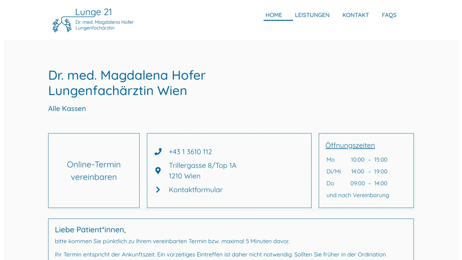 Startseite der Website von Dr. med. Magdalena Hofer