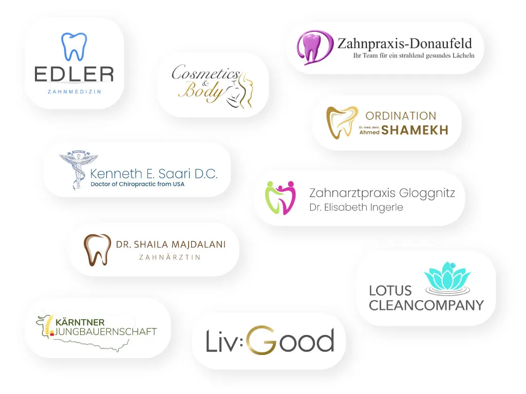 Von Klaax gestaltete Kundenlogos: Edler Zahnmedizin, Zahnpraxis Donaufeld, Cosmetics & Body, Ordination Shamekh, Kenneth E. Saari, Zahnarztpraxis Gloggnitz, Dr. Shaila Majdalani, Lotus Cleancompany, Kärntner Jungbauernschaft und LivGood