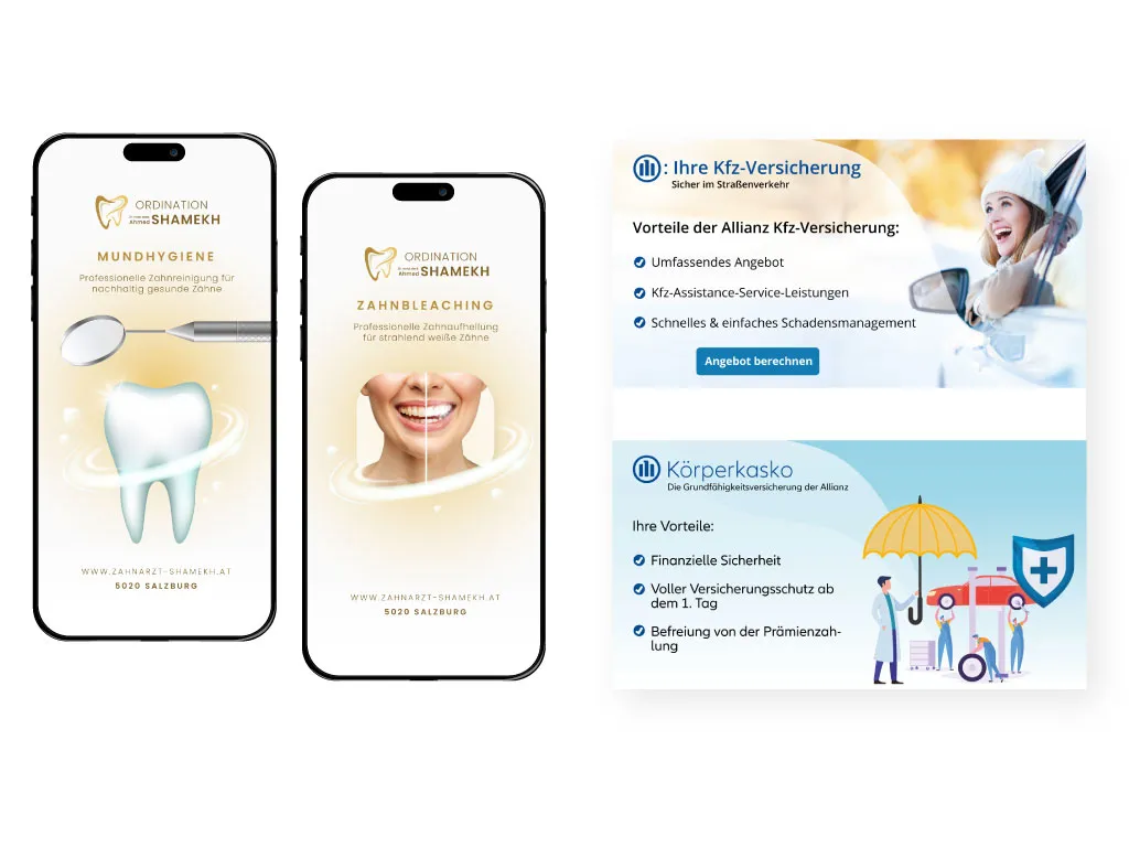Von Klaax gestaltete Social-Media-Beiträge: Story-Designs für die Zahnordination Shamekh (Mundhygiene, Zahnbleaching) und Anzeigen für eine Allianz-Agentur
