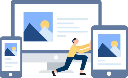 Illustration: Eine Website passt sich responsiv an Desktop, Tablet und Smartphone an