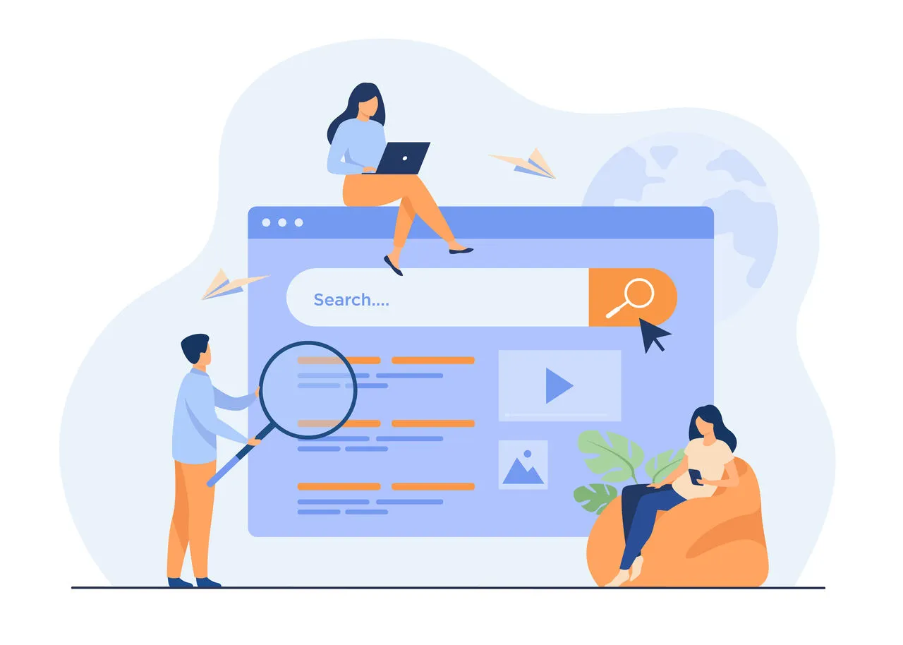 Illustration: Menschen analysieren eine Google-Suchergebnisseite mit der Lupe